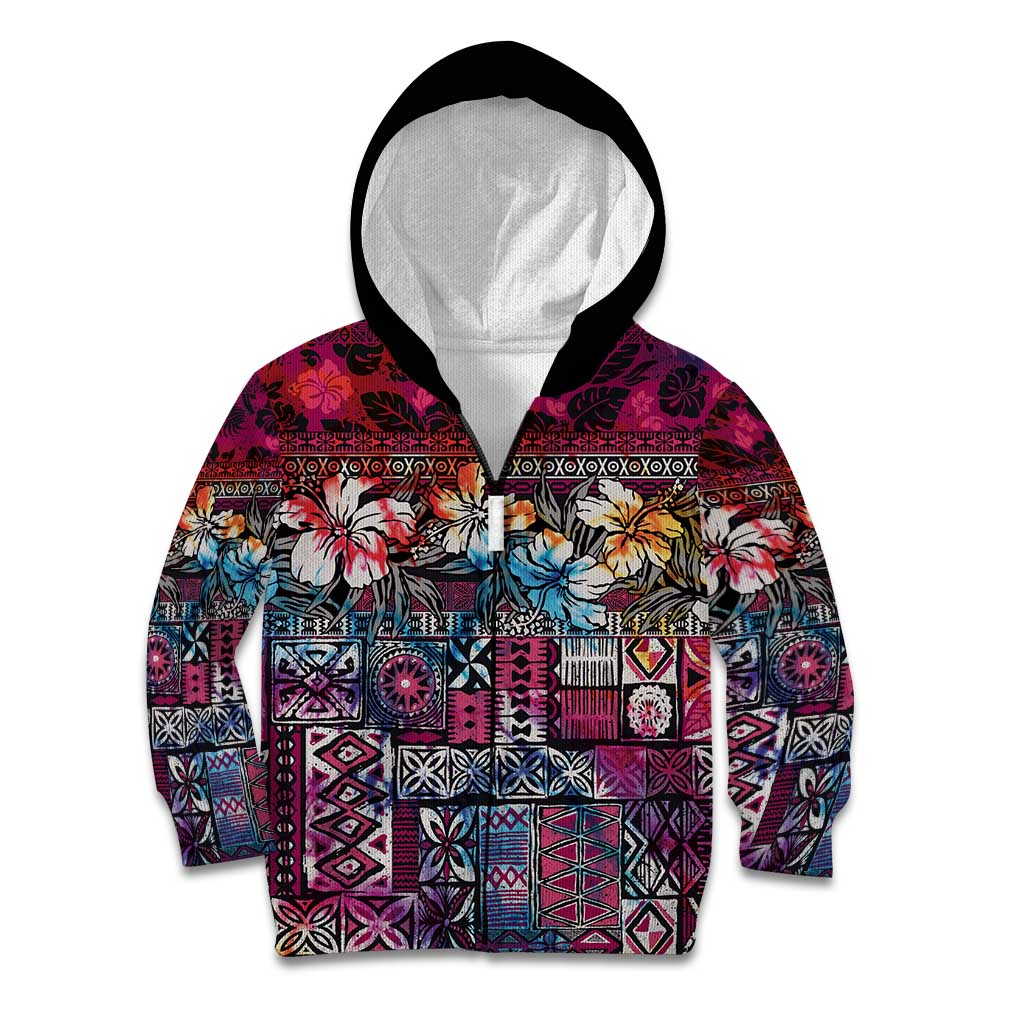 Pacific Hibiscus Tapa Tribal Vintage Kid Hoodie Pink Motif LT9 Zip Hoodie Pink - Polynesian Pride