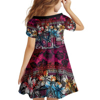 Pacific Hibiscus Tapa Tribal Vintage Kid Short Sleeve Dress Pink Motif