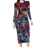 Pacific Hibiscus Tapa Tribal Vintage Long Sleeve Bodycon Dress Pink Motif
