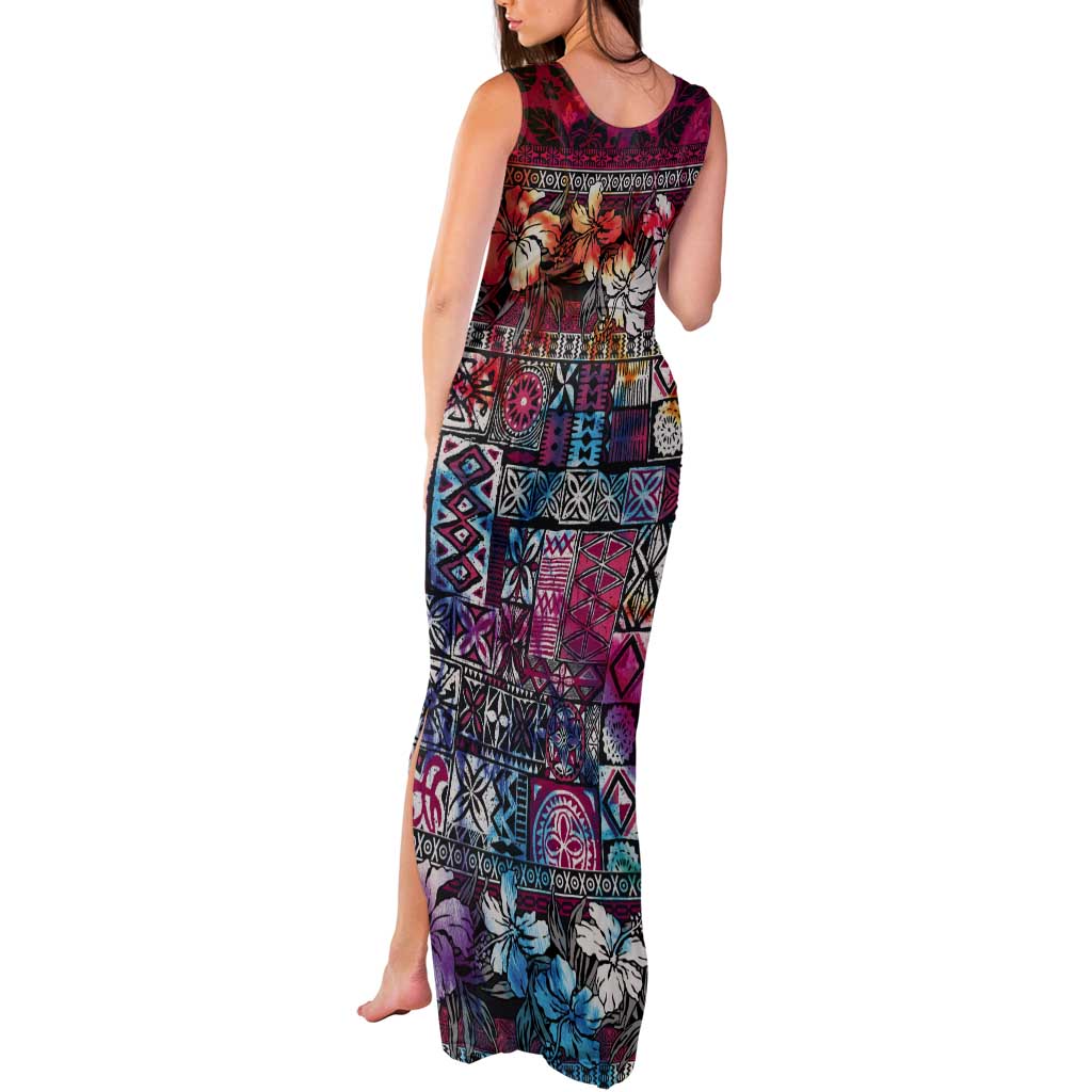Pacific Hibiscus Tapa Tribal Vintage Tank Maxi Dress Pink Motif