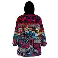 Pacific Hibiscus Tapa Tribal Vintage Wearable Blanket Hoodie Pink Motif