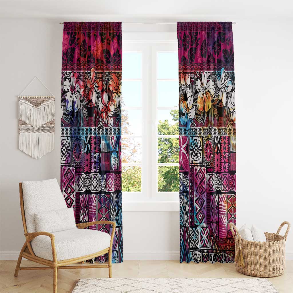 Pacific Hibiscus Tapa Tribal Vintage Window Curtain Pink Motif