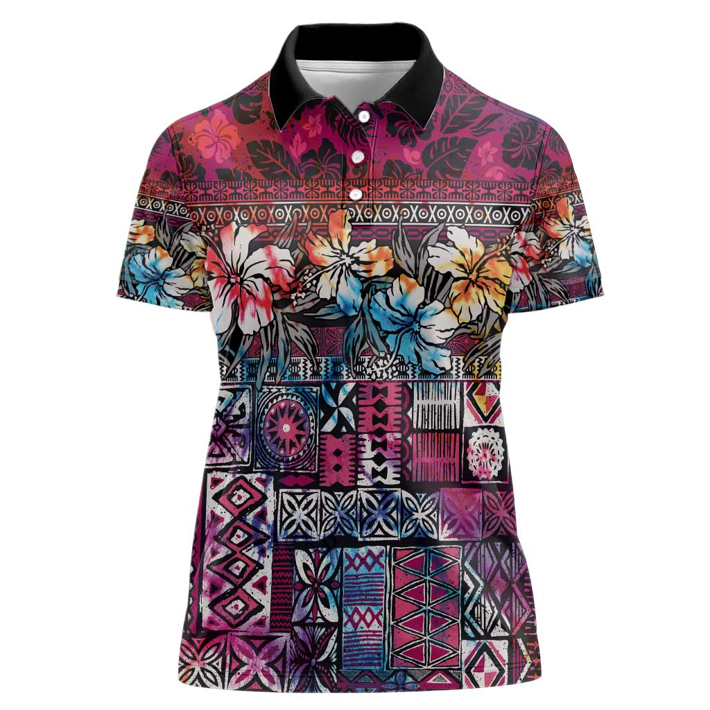 Pacific Hibiscus Tapa Tribal Vintage Women Polo Shirt Pink Motif LT9 Female Pink - Polynesian Pride