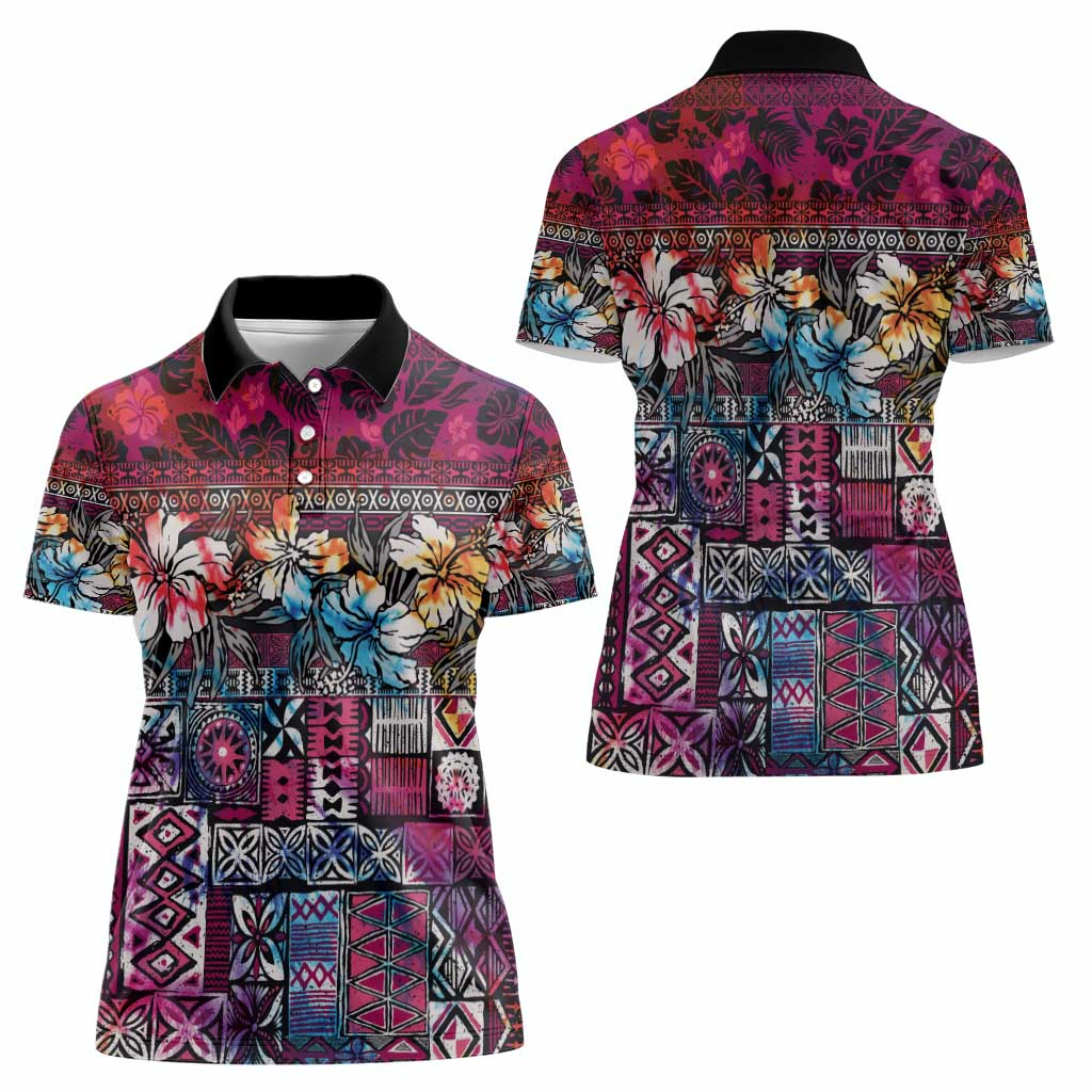 Pacific Hibiscus Tapa Tribal Vintage Women Polo Shirt Pink Motif LT9 - Polynesian Pride
