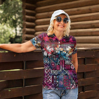 Pacific Hibiscus Tapa Tribal Vintage Women Polo Shirt Pink Motif LT9 - Polynesian Pride