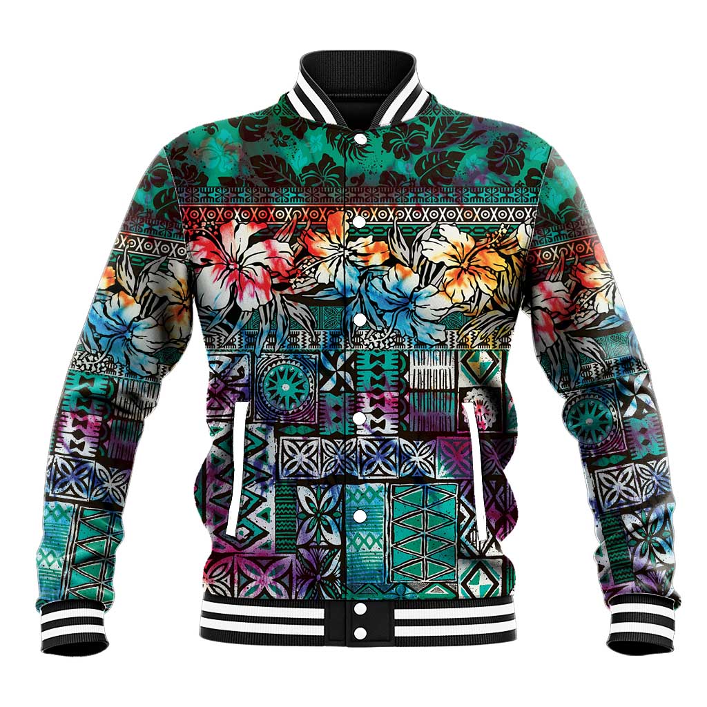 Pacific Hibiscus Tapa Tribal Vintage Baseball Jacket Turquoise Motif