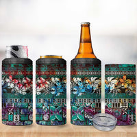 Pacific Hibiscus Tapa Tribal Vintage 4 in 1 Can Cooler Tumbler Turquoise Motif