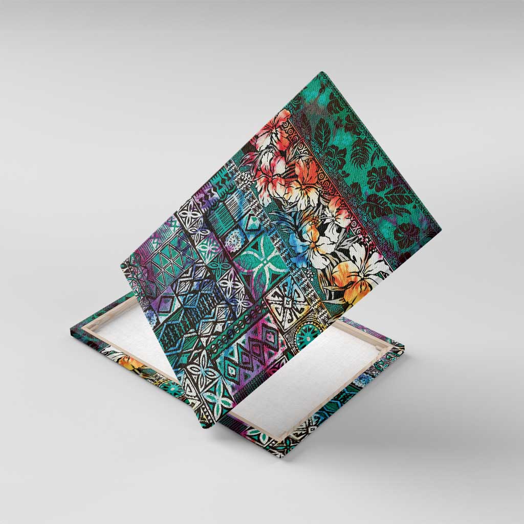 Pacific Hibiscus Tapa Tribal Vintage Canvas Wall Art Turquoise Motif