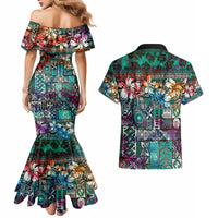 Pacific Hibiscus Tapa Tribal Vintage Couples Matching Mermaid Dress and Hawaiian Shirt Turquoise Motif