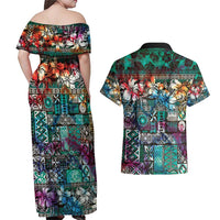 Pacific Hibiscus Tapa Tribal Vintage Couples Matching Off Shoulder Maxi Dress and Hawaiian Shirt Turquoise Motif
