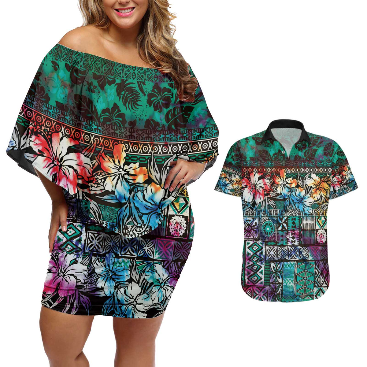 Pacific Hibiscus Tapa Tribal Vintage Couples Matching Off Shoulder Short Dress and Hawaiian Shirt Turquoise Motif