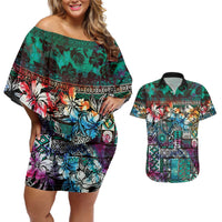 Pacific Hibiscus Tapa Tribal Vintage Couples Matching Off Shoulder Short Dress and Hawaiian Shirt Turquoise Motif