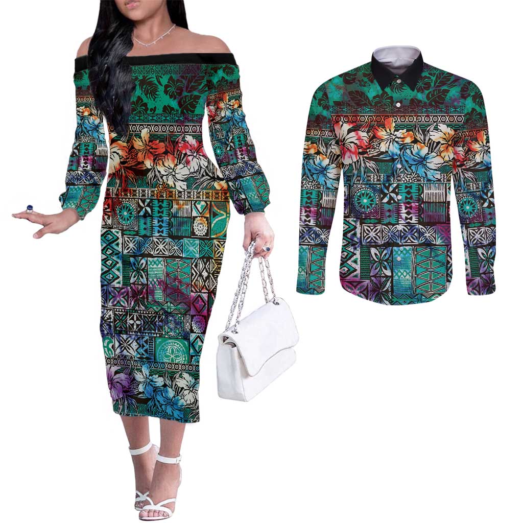 Pacific Hibiscus Tapa Tribal Vintage Couples Matching Off The Shoulder Long Sleeve Dress and Long Sleeve Button Shirt Turquoise Motif