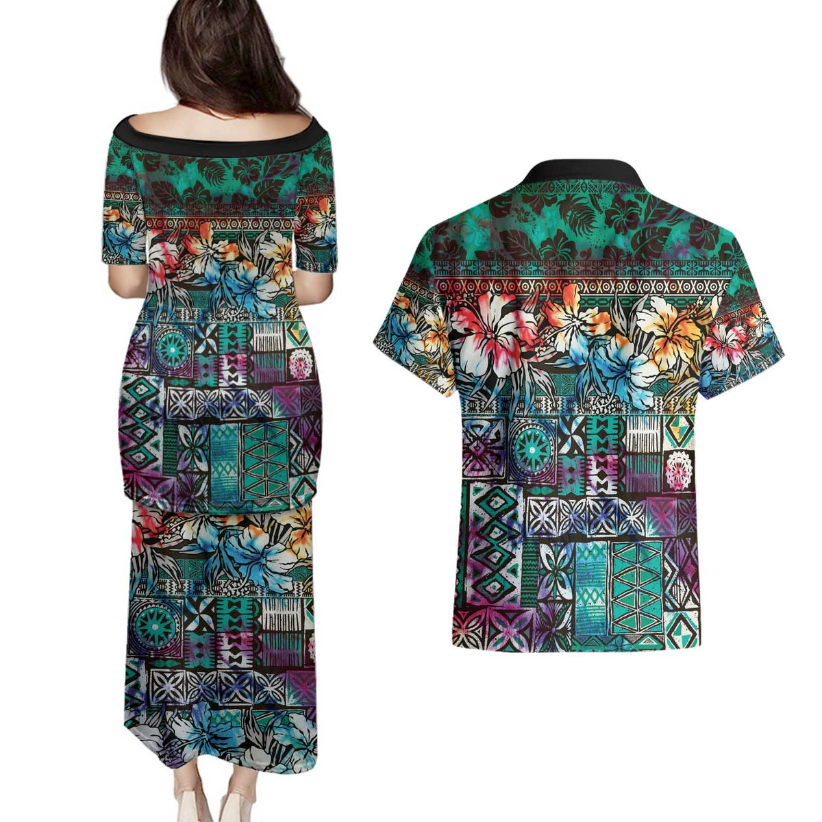 Pacific Hibiscus Tapa Tribal Vintage Couples Matching Puletasi and Hawaiian Shirt Turquoise Motif