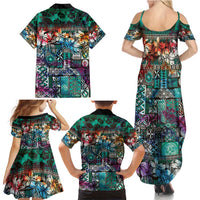 Pacific Hibiscus Tapa Tribal Vintage Family Matching Summer Maxi Dress and Hawaiian Shirt Turquoise Motif