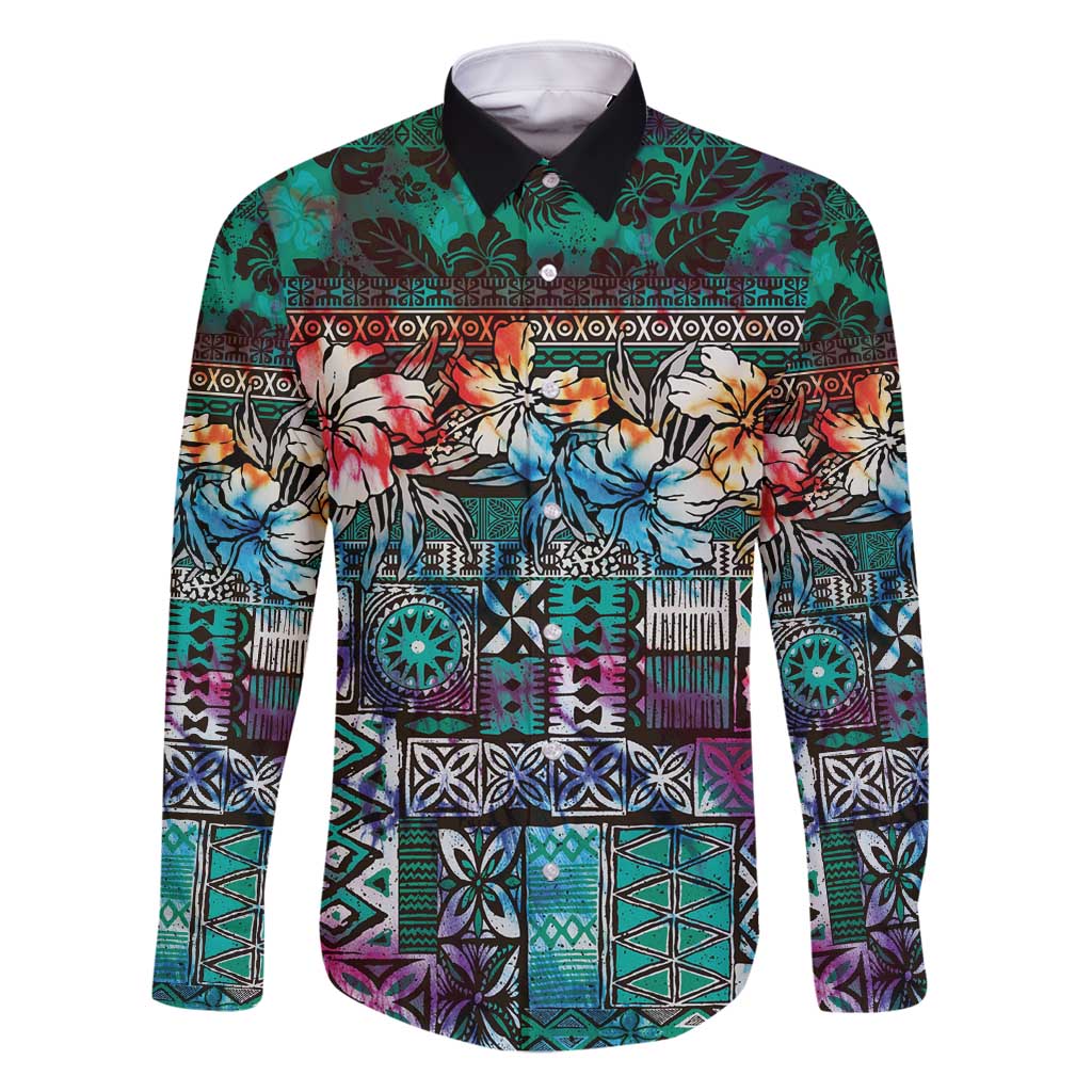 Pacific Hibiscus Tapa Tribal Vintage Family Matching Tank Maxi Dress and Hawaiian Shirt Turquoise Motif