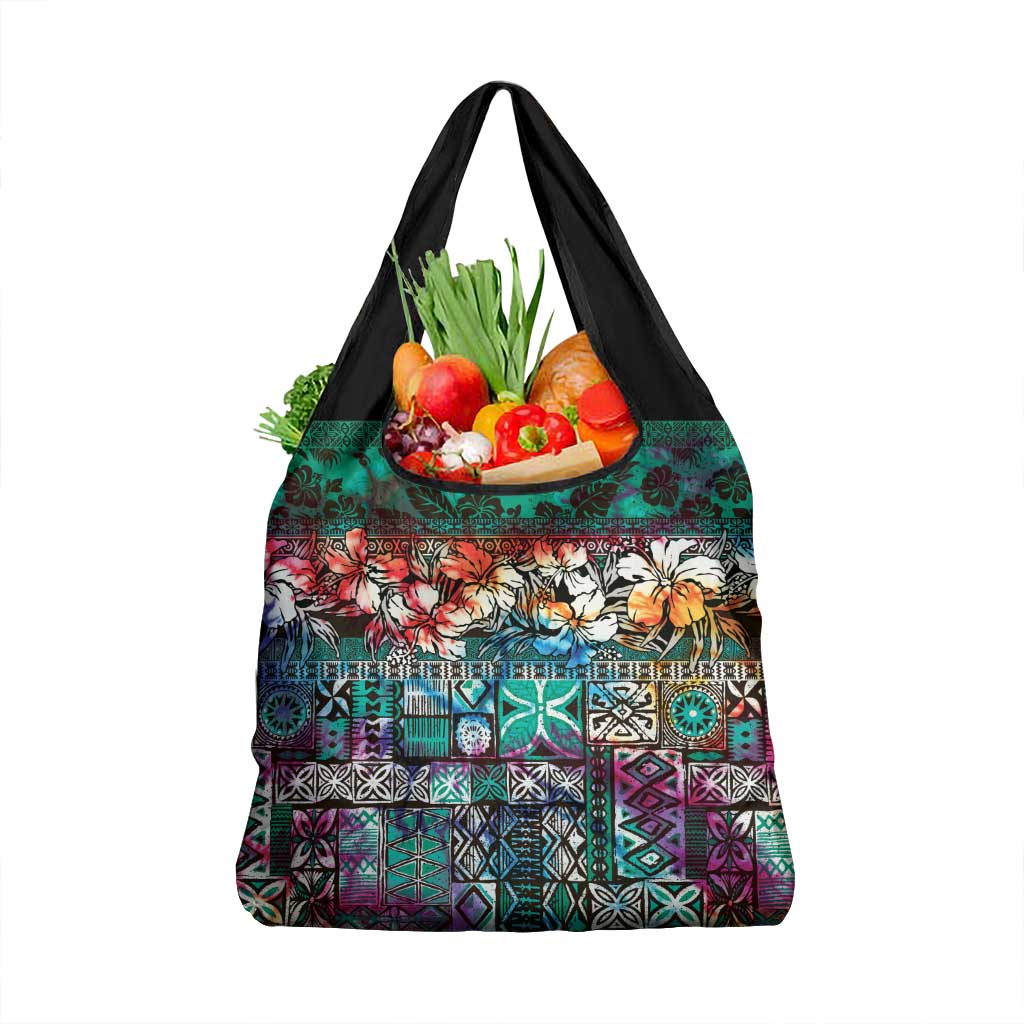 Pacific Hibiscus Tapa Tribal Vintage Grocery Bag Turquoise Motif
