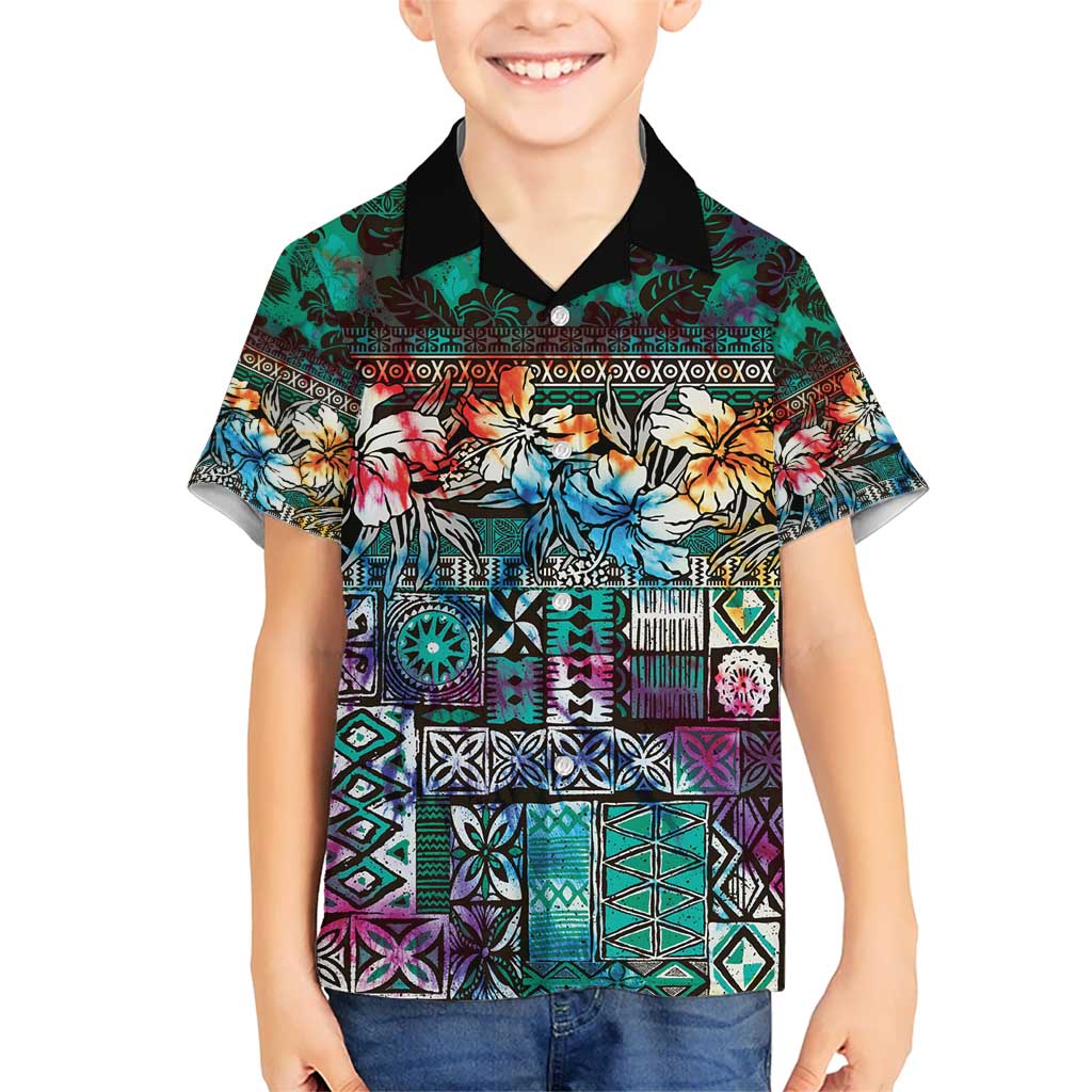 Pacific Hibiscus Tapa Tribal Vintage Hawaiian Shirt Turquoise Motif