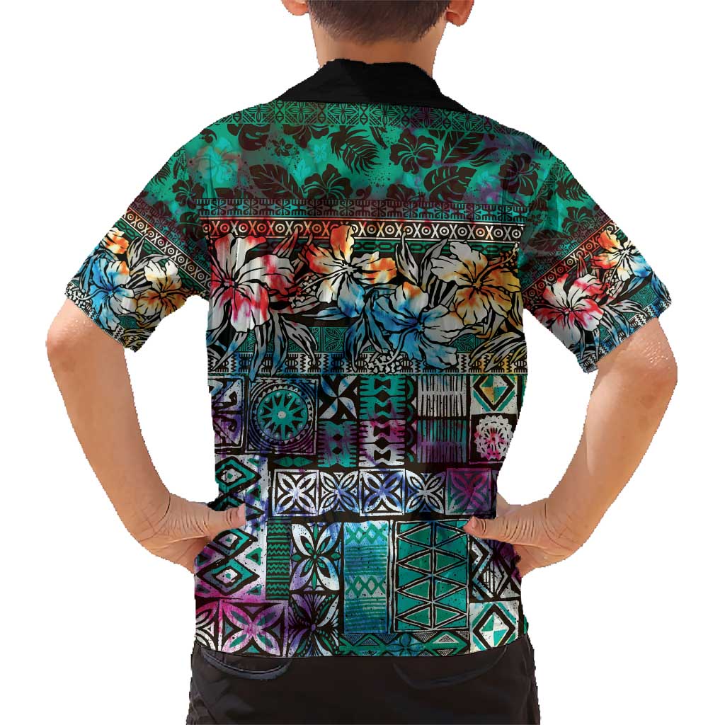 Pacific Hibiscus Tapa Tribal Vintage Kid Hawaiian Shirt Turquoise Motif