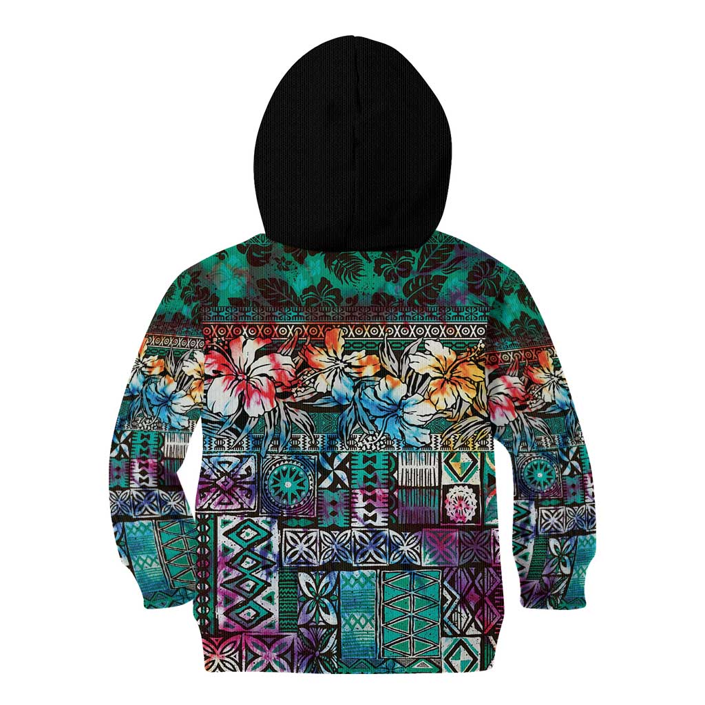 Pacific Hibiscus Tapa Tribal Vintage Kid Hoodie Turquoise Motif LT9 - Polynesian Pride