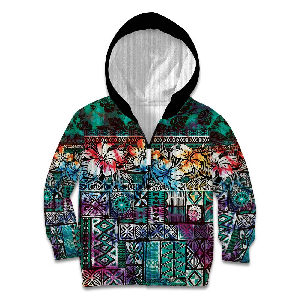 Pacific Hibiscus Tapa Tribal Vintage Kid Hoodie Turquoise Motif LT9 Zip Hoodie Turquoise - Polynesian Pride
