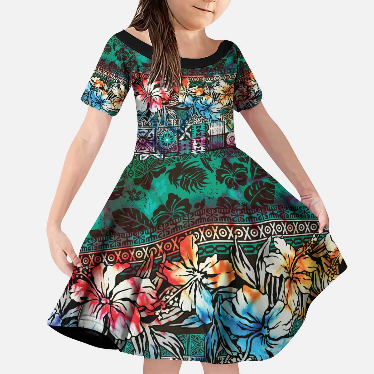 Pacific Hibiscus Tapa Tribal Vintage Kid Short Sleeve Dress Turquoise Motif LT9 KID Turquoise - Polynesian Pride