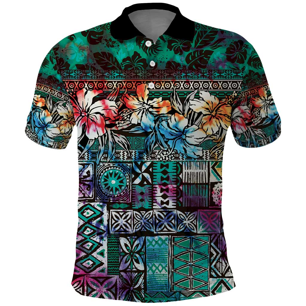 Pacific Hibiscus Tapa Tribal Vintage Polo Shirt Turquoise Motif LT9 Turquoise - Polynesian Pride
