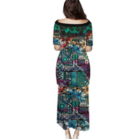 Pacific Hibiscus Tapa Tribal Vintage Puletasi Turquoise Motif