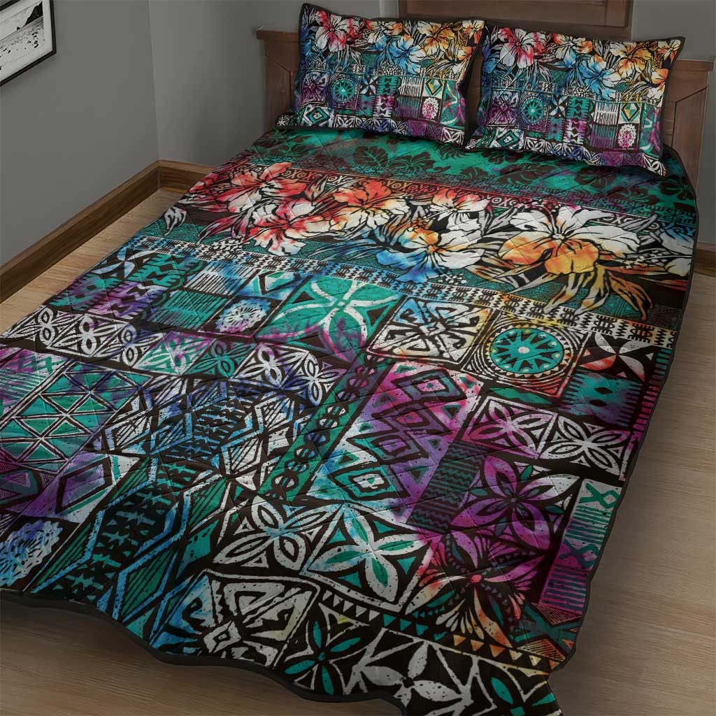 Pacific Hibiscus Tapa Tribal Vintage Quilt Bed Set Turquoise Motif