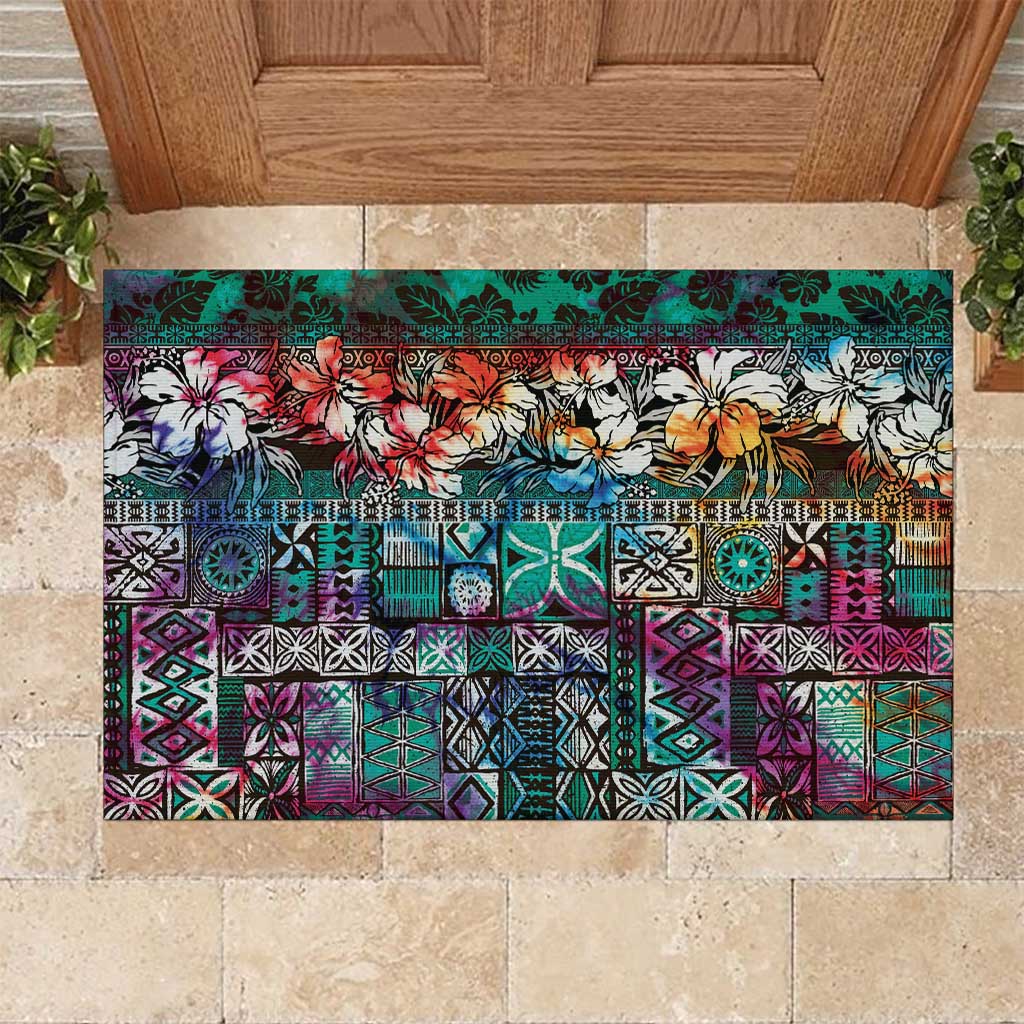 Pacific Hibiscus Tapa Tribal Vintage Rubber Doormat Turquoise Motif