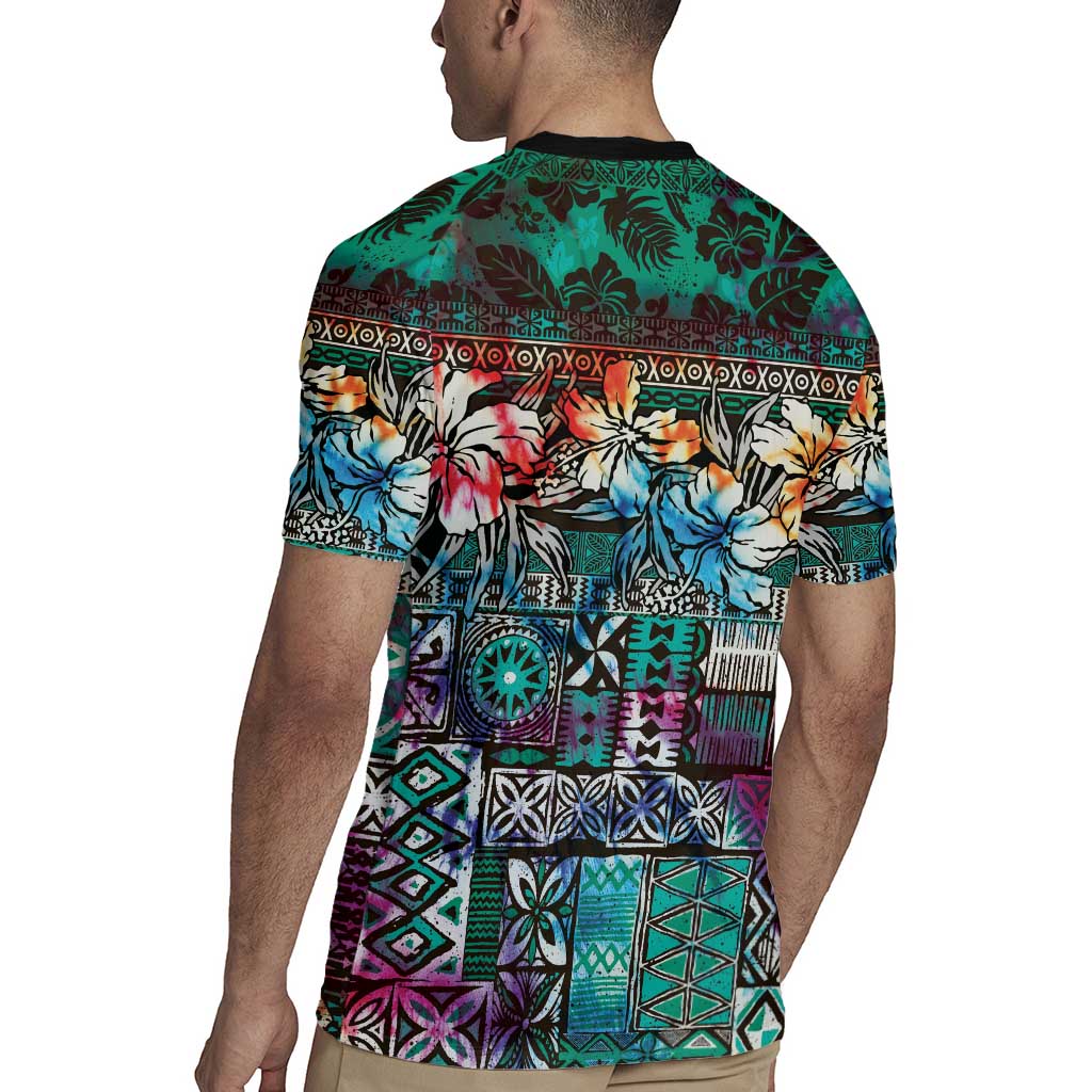 Pacific Hibiscus Tapa Tribal Vintage Rugby Jersey Turquoise Motif