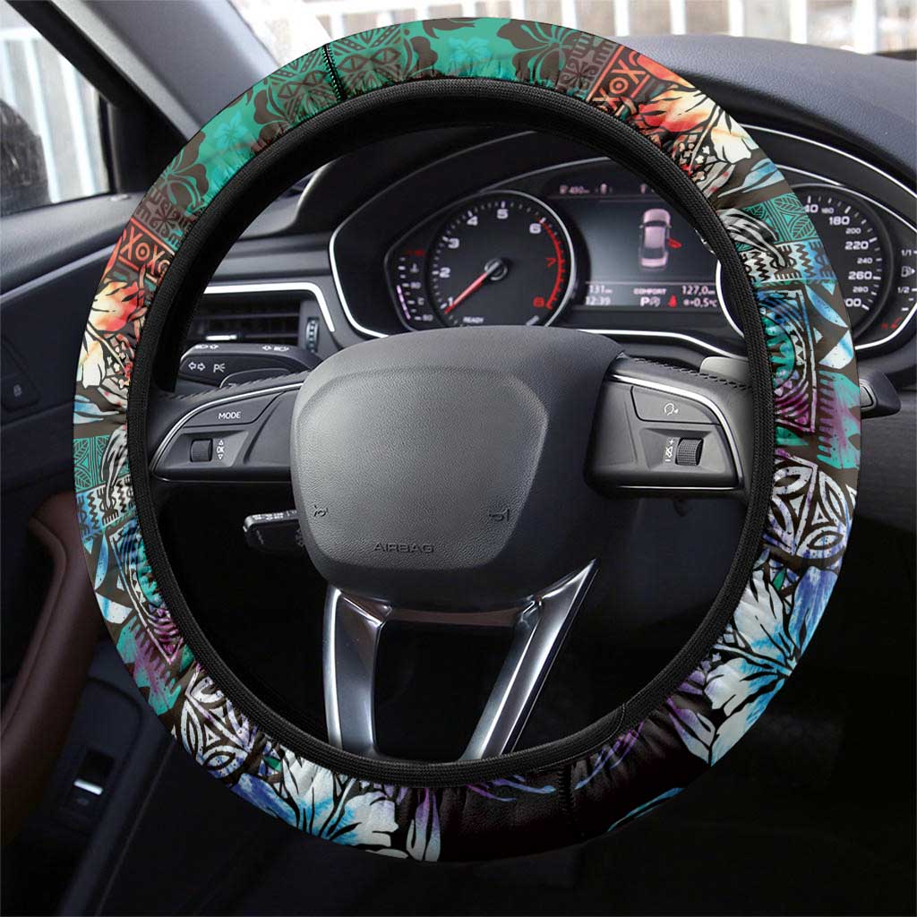 Pacific Hibiscus Tapa Tribal Vintage Steering Wheel Cover Turquoise Motif