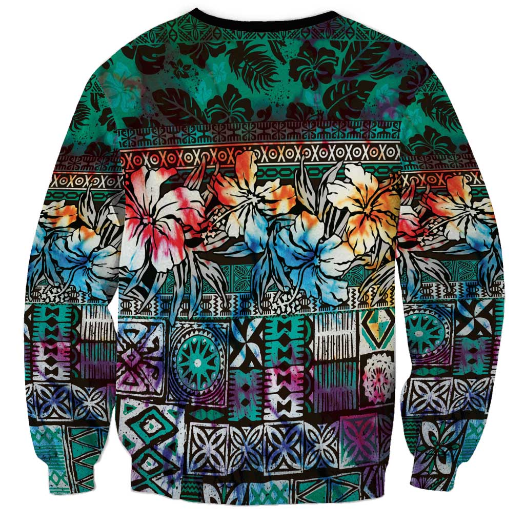 Pacific Hibiscus Tapa Tribal Vintage Sweatshirt Turquoise Motif
