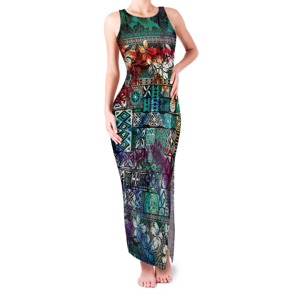 Pacific Hibiscus Tapa Tribal Vintage Tank Maxi Dress Turquoise Motif