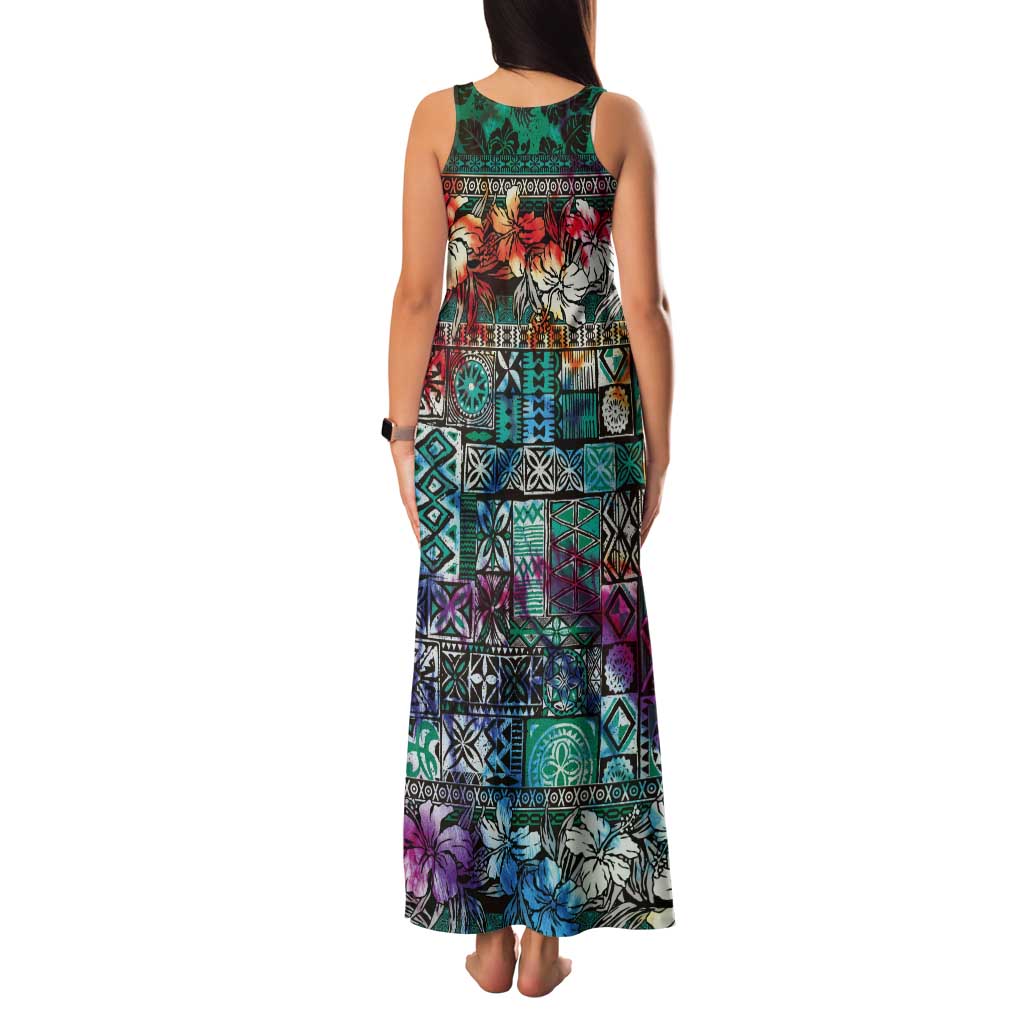 Pacific Hibiscus Tapa Tribal Vintage Tank Maxi Dress Turquoise Motif