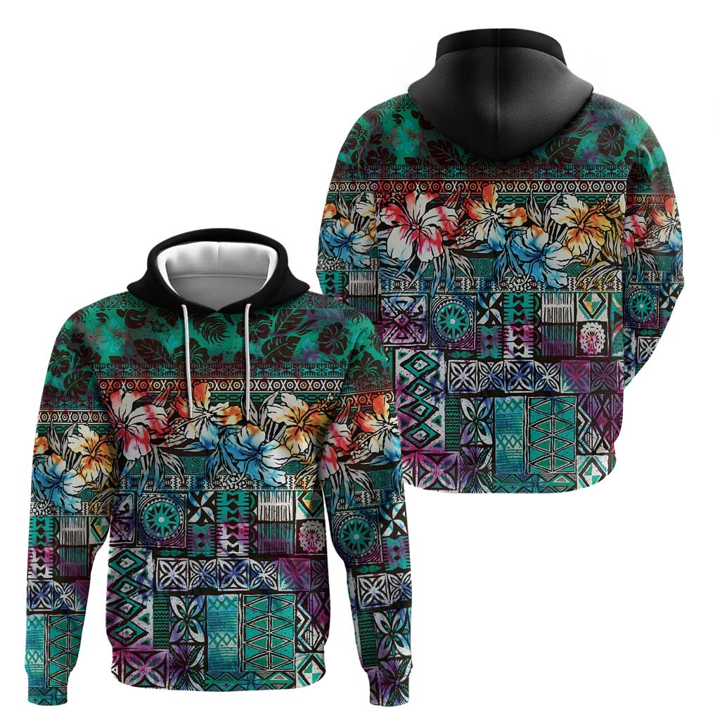 Pacific Hibiscus Tapa Tribal Vintage Zip Hoodie Turquoise Motif
