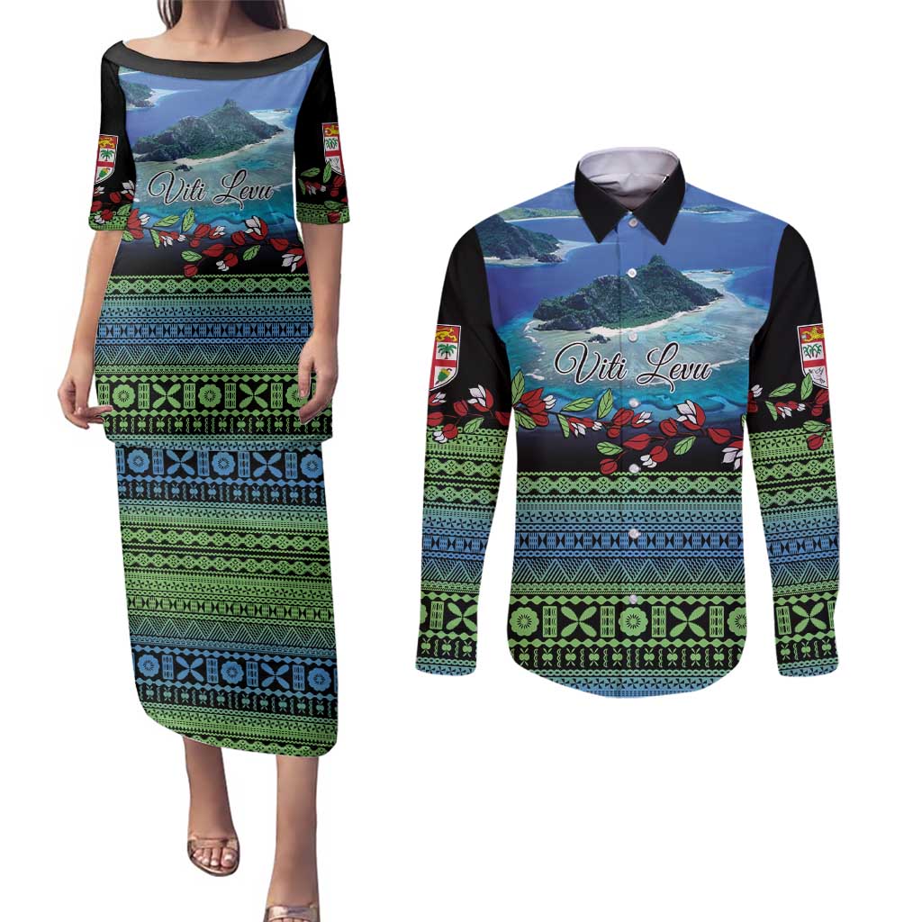 Personalised Fiji Viti Levu Couples Matching Puletasi and Long Sleeve Button Shirt Tagimoucia and Tapa Tribal Pattern LT9 Blue - Polynesian Pride