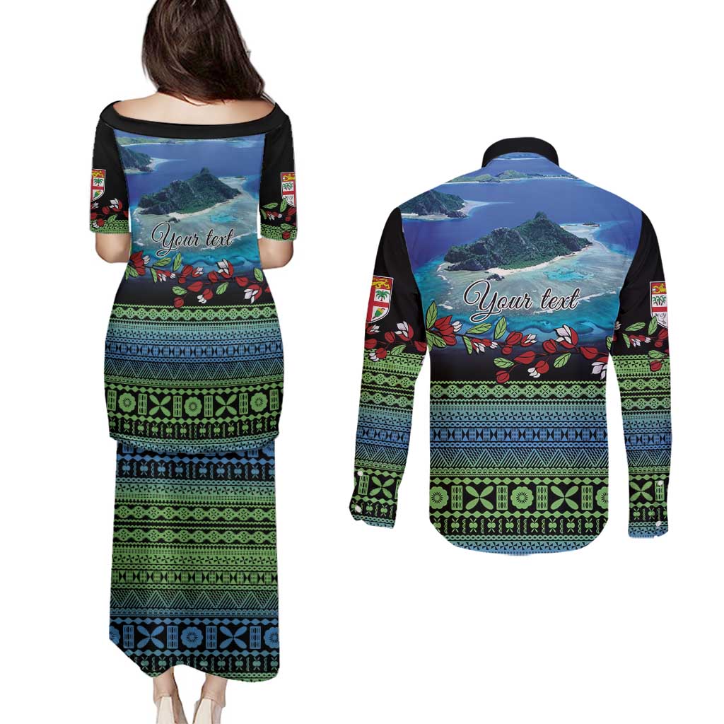 Personalised Fiji Viti Levu Couples Matching Puletasi and Long Sleeve Button Shirt Tagimoucia and Tapa Tribal Pattern LT9 - Polynesian Pride