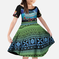 Personalised Fiji Viti Levu Kid Short Sleeve Dress Tagimoucia and Tapa Tribal Pattern LT9 KID Blue - Polynesian Pride