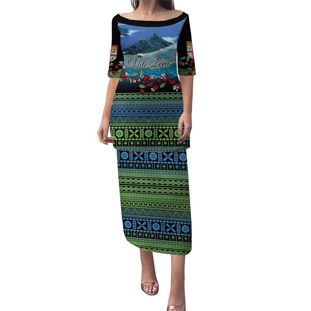 Personalised Fiji Viti Levu Puletasi Tagimoucia and Tapa Tribal Pattern LT9 Long Dress Blue - Polynesian Pride
