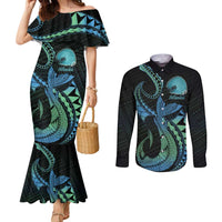 Personalised Hawaii Kure Atoll Couples Matching Mermaid Dress and Long Sleeve Button Shirt Holaniku Coral Reef with Polynesian Tribal LT9 Blue - Polynesian Pride