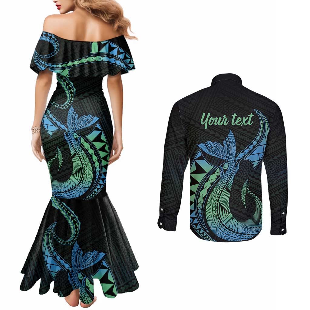 Personalised Hawaii Kure Atoll Couples Matching Mermaid Dress and Long Sleeve Button Shirt Holaniku Coral Reef with Polynesian Tribal LT9 - Polynesian Pride