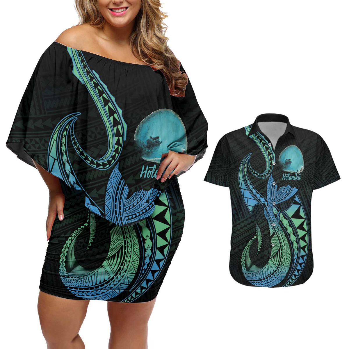 Personalised Hawaii Kure Atoll Couples Matching Off Shoulder Short Dress and Hawaiian Shirt Holaniku Coral Reef with Polynesian Tribal
