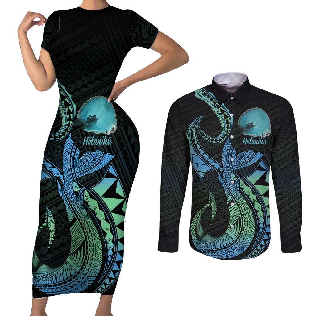 Personalised Hawaii Kure Atoll Couples Matching Short Sleeve Bodycon Dress and Long Sleeve Button Shirt Holaniku Coral Reef with Polynesian Tribal