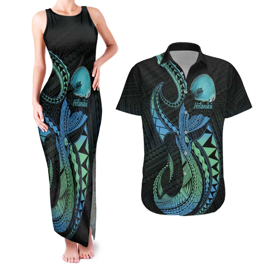 Personalised Hawaii Kure Atoll Couples Matching Tank Maxi Dress and Hawaiian Shirt Holaniku Coral Reef with Polynesian Tribal
