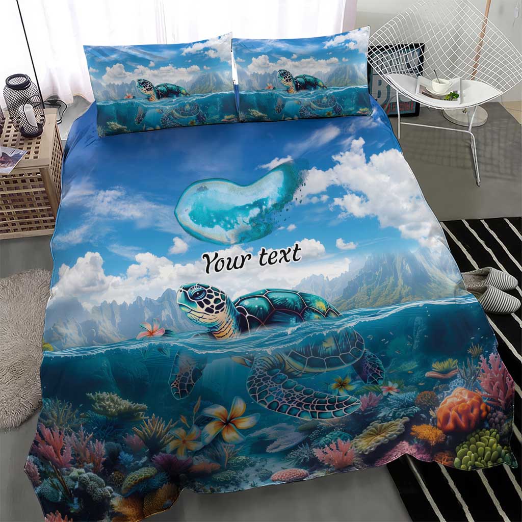 Personalised Palau Kayangel Atoll Bedding Set Turtle With Coral Reef Under Water