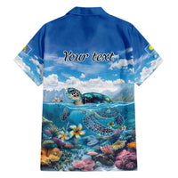 Personalised Palau Kayangel Atoll Family Matching Short Sleeve Bodycon Dress and Hawaiian Shirt Turtle With Coral Reef Under Water