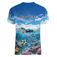Personalised Palau Kayangel Atoll Women V-Neck T-Shirt Turtle With Coral Reef Under Water
