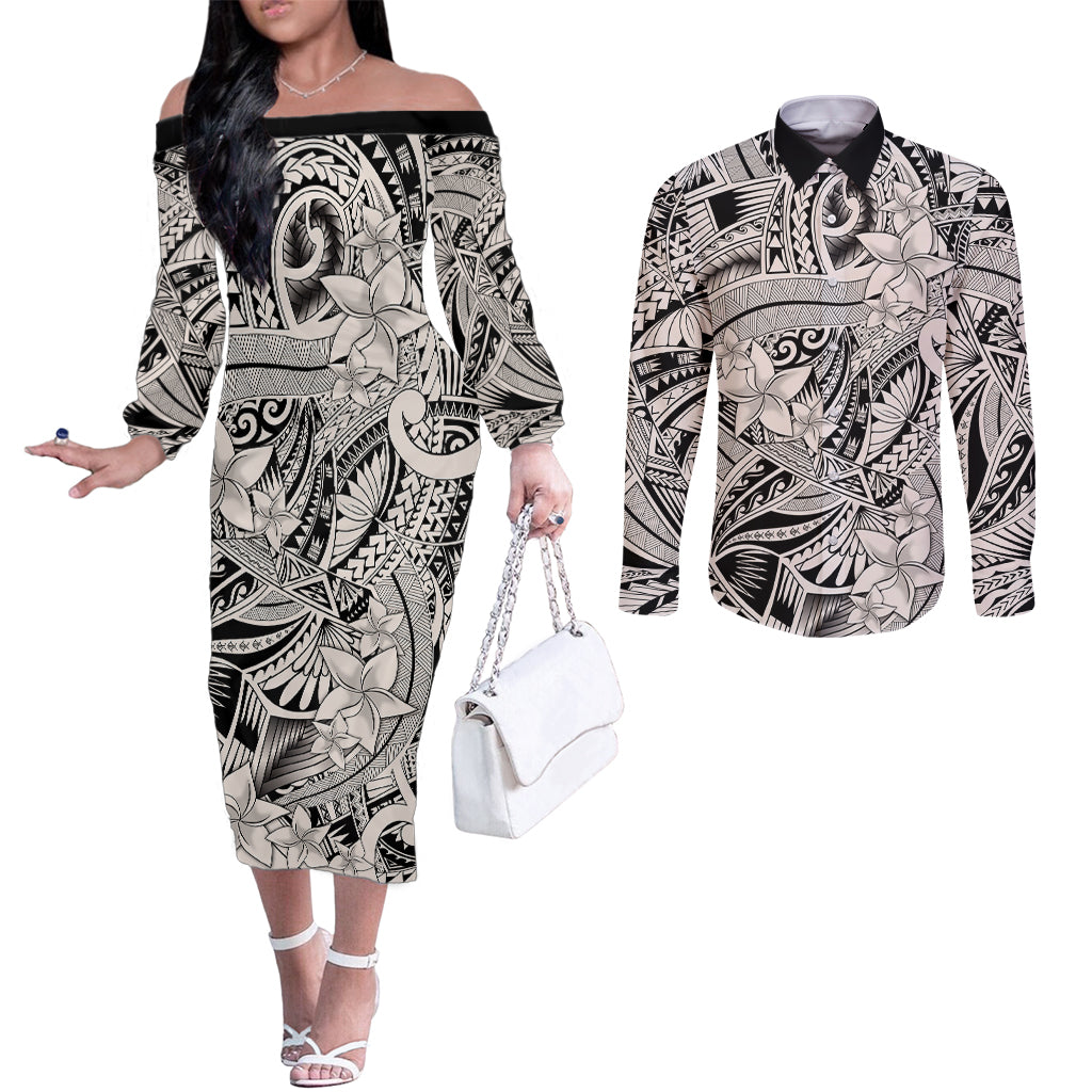Polynesia Couples Matching Off The Shoulder Long Sleeve Dress and Long Sleeve Button Shirt Tribal Polynesian Spirit With Beige Pacific Flowers LT9 Beige - Polynesian Pride