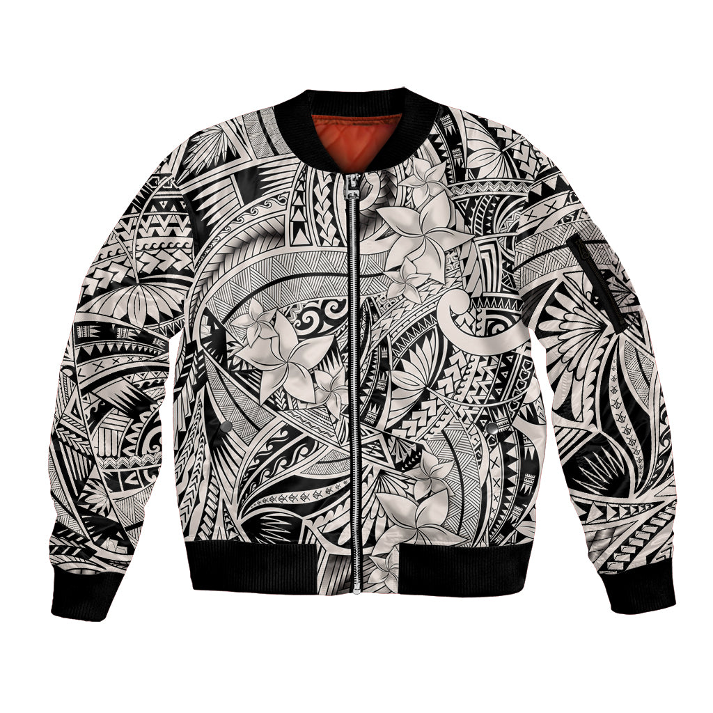 Polynesia Sleeve Zip Bomber Jacket Tribal Polynesian Spirit With Beige Pacific Flowers LT9 Unisex Beige - Polynesian Pride